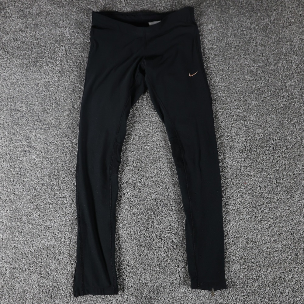 Nike Dri-Fit Women's Running Leggings Sz S Black Reflective Ankle Zip Mesh Knee